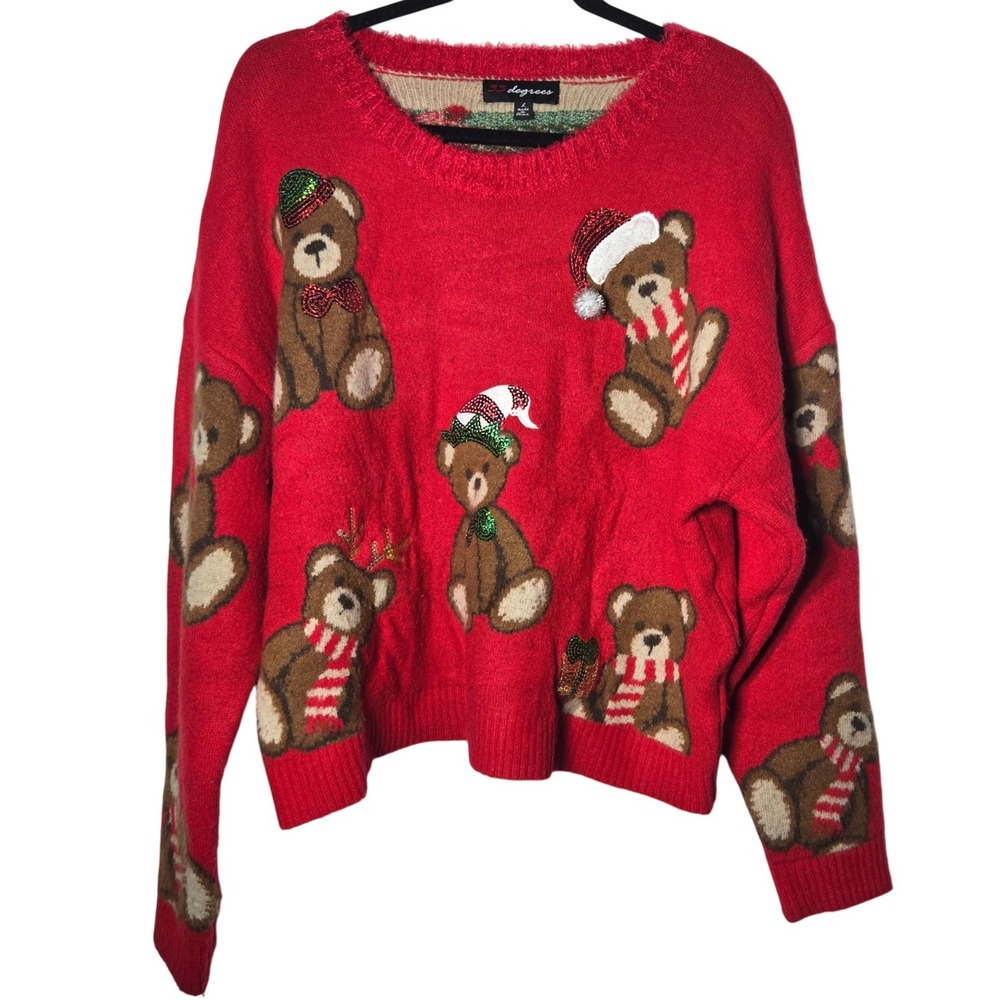 33 Degrees Christmas Teddy Bear Sequin Sweater Large Holiday Ugly Festive Party